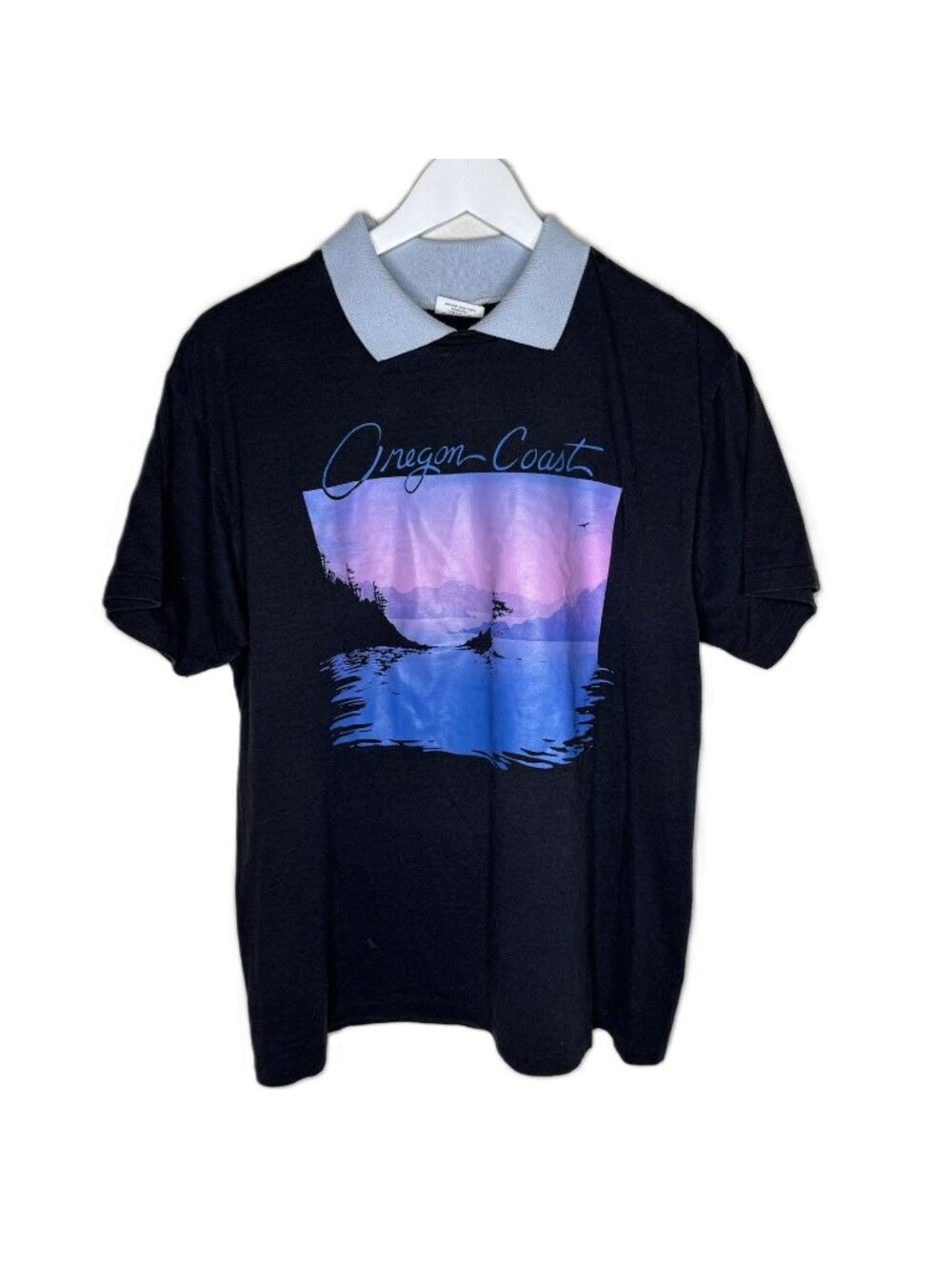 Vintage 80s Black Oregon Coast Tourist T-Shirt w/ Collar, Short Sleeve, Large